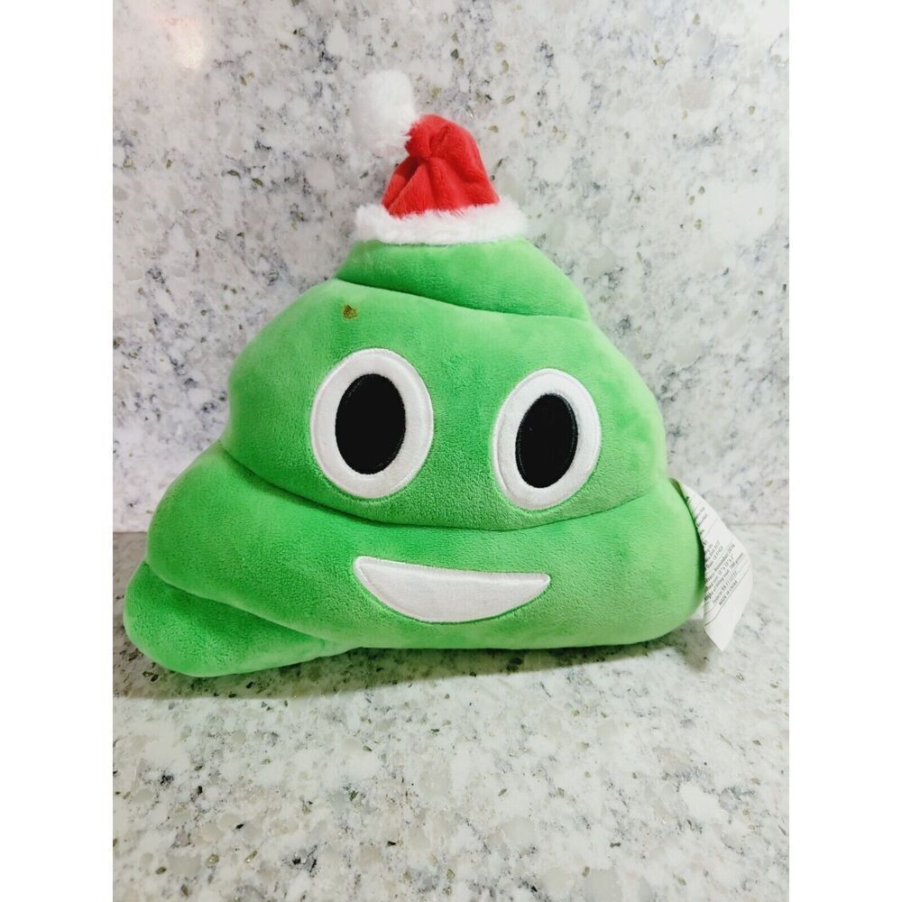 CHRISTMAS SANTA Emoji‎ Green Poo Plush Pillow 12”x10” Has A Spot.